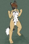  african_wild_dog anthro balls breasts brown_hair canine dickgirl dog_tags grin hair hush-a-bye hush_a_bye intersex invalid_tag mammal nipples piercing pose sammy_brooker scar sheath solo yellow_eyes 