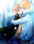  1boy 1girl bleach blue blush breath brown_hair eyes_closed hug incipient_kiss inoue_orihime jacket kurosaki_ichigo meitarou orange_hair 