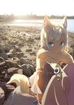  animal_ears bare_shoulders beach blue_eyes flower fox_ears fox_tail h2so4 original parted_lips photo_background see-through_silhouette short_hair silver_hair sitting solo tail 