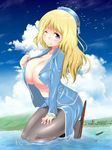 atago_(kantai_collection) blonde_hair breasts excel_(shena) giantess hat huge_breasts kantai_collection large_breasts long_hair open_clothes pantyhose solo 