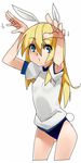  animal_ears blonde_hair blue_eyes bunny_ears bunny_tail buruma caramelldansen gym_uniform kochiya_(gothope) long_hair phantasy_star phantasy_star_online_2 solo tail 