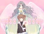  angel_wings brown_hair card cardcaptor_sakura closed_eyes clow_card dress fuji_fujino green_eyes grey_hair hair_bobbles hair_ornament hoshi_no_tsue kinomoto_nadeshiko kinomoto_sakura long_hair mother_and_daughter multiple_girls sakura_card school_uniform serafuku short_hair tomoeda_elementary_school_uniform wavy_hair wings 