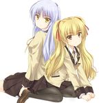  angel_beats! back-to-back blazer blonde_hair blue_hair brown_eyes jacket long_hair multiple_girls pantyhose satou_aoi school_uniform sitting tenshi_(angel_beats!) twintails wariza yellow_eyes yusa_(angel_beats!) 