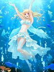  :d angel angel_wings aqua_sarong arms_up barefoot bikini bikini_top blonde_hair bubble fish freediving happy long_hair mugen_no_fantasia navel open_mouth purple_eyes sarong smile solo swimming swimsuit underwater wings yoshino_run 