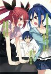  2girls blue_hair date_a_live itsuka_kotori itsuka_shidou mole multiple_girls novel_illustration official_art red_hair ribbon takamiya_mana tsunako twintails 