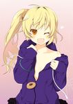  ;d blonde_hair blush fang flat_chest hood hoodie kouji_(campus_life) long_hair looking_at_viewer monogatari_(series) no_bra one_eye_closed open_mouth oshino_shinobu side_ponytail smile solo yellow_eyes 