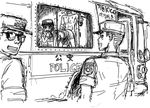  1girl 3boys all_fours bent_over blush bus clothed_female_nude_male clothed_male_nude_male doggy_style doggystyle from_behind glasses gogocherry korean looking_at_viewer looking_back miniskirt motor_vehicle multiple_boys nude police police_man police_uniform police_woman policeman policewoman riot_police skirt skirt_lift smile translation_request uniform v vaginal 