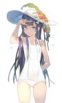  arm_behind_back ass_visible_through_thighs bangs blue_eyes blunt_bangs commentary_request covered_navel cowboy_shot eyebrows_visible_through_hair flower gluteal_fold hair_ornament hand_up hat hat_flower highres koyoi_mitsuki long_hair looking_at_viewer one-piece_swimsuit original parted_lips sketch smile solo standing sun_hat swimsuit white_background white_hat white_swimsuit 