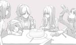  cake food greyscale hama_(22ji_kara_24ji) monochrome multiple_girls original pastry pink_background simple_background 