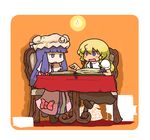  :d bangs black_dress blonde_hair blunt_bangs book chair chibi crescent dress expressionless full_body hat indoors inishie jitome kirisame_marisa long_sleeves mob_cap multiple_girls open_mouth patchouli_knowledge puffy_short_sleeves puffy_sleeves short_sleeves sitting smile sweatdrop table touhou 