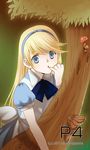  alice_(wonderland) alice_(wonderland)_(cosplay) alice_in_wonderland apron bad_id bad_pixiv_id bangs blonde_hair blue_eyes cosplay dress hairband kuma_(persona_4) long_hair male_focus mushroom o_o otoko_no_ko persona persona_4 solo swept_bangs tree yukimitsuki 