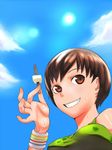  bad_id bad_pixiv_id brown_eyes brown_hair cloud day em food from_below grin persona persona_4 popsicle satonaka_chie short_hair sky smile solo striped sweat wristband 