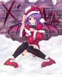  capelet christmas demon_wings makino_(ukiuo) purple_hair red_capelet red_eyes remilia_scarlet santa_costume short_hair snow solo thighhighs touhou wings 