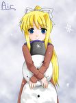  air blonde_hair blue_eyes hair_ribbon kamio_misuzu long_hair pizanuko ribbon snow snowman solo 