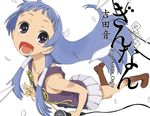  1girl :d bangs blue_hair blunt_bangs boots cover cover_page doujin_cover hair_tubes kannagi long_hair microphone nagi open_mouth pleated_skirt purple_eyes rating skirt smile solo white_skirt yoshida_on 