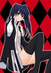  argyle argyle_background black_legwear blue_hair blush breasts cleavage d.gray-man lenalee_lee long_hair looking_at_viewer medium_breasts megumi_ryouko midriff navel no_bra open_clothes open_shirt red_eyes shirt solo stomach thighhighs thighs twintails zettai_ryouiki 