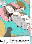  aoki_shin bad_id bad_pixiv_id bed braid brown_hair cat happy highres lying original pillow solo sweater twin_braids 