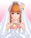  amemiya_sayaka bad_id bad_pixiv_id bare_shoulders bouquet bridal_veil bride brown_hair dress earrings elbow_gloves flower gloves hamu_agaki jewelry osu!_tatakae!_ouendan ouendan pink_eyes solo veil wedding_dress 