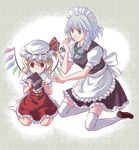  apron blonde_hair blue_eyes book eating flandre_scarlet hairband hat ibuki_hasu izayoi_sakuya maid multiple_girls red_eyes ribbon short_hair silver_hair socks thighhighs touhou wings 