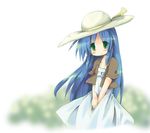  blue_hair blush cowboy_shot dress green_eyes hat izumi_kanata looking_at_viewer lucky_star own_hands_together sakanaya_nakasa simple_background skirt solo sun_hat sundress v_arms white_background white_dress 