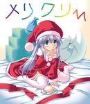  akari_ryuryuwa blue_hair blush cake christmas food green_eyes hat index rainbow_text ribbon sack santa_costume santa_hat sitting solo thighhighs to_aru_majutsu_no_index wariza zettai_ryouiki 