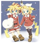  1girl :d aqua_eyes bad_id bad_pixiv_id blonde_hair boots brother_and_sister cosplay costume gen_1_pokemon hair_ornament hairclip hat holding_hands kagamine_len kagamine_rin maruki_(punchiki) open_mouth pikachu pikachu_(cosplay) pokemon sack santa_costume santa_hat short_hair siblings smile snow tail thighhighs vocaloid 