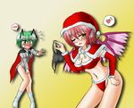  animal_ears blush bottomless breasts cape capelet christmas cleavage clothes_theft elbow_gloves gloves green_hair heart lingerie medium_breasts midriff multiple_girls mystia_lorelei no_panties older one_eye_closed open_mouth panties pink_hair santa_costume smile spoken_blush spoken_heart tears theft touhou underwear underwear_theft wings wriggle_nightbug yani_tama 