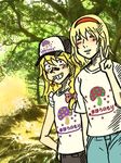  alice_margatroid bad_id bad_pixiv_id blonde_hair braid charin clothes_writing denim hairband jeans kirisame_marisa multiple_girls pants parody shirt t-shirt touhou tree v 