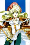  90s :o bangs black_legwear blonde_hair blue_eyes blush bow brooch capelet covering covering_crotch cowboy_shot dress dress_lift drill_hair frills gem glint gloves gradient gradient_background hair_bow hairband hand_on_own_chest hat highres jewelry langrisser langrisser_iv long_hair looking_at_viewer official_art open_mouth panties panties_over_pantyhose pantyhose pantyshot pantyshot_(standing) puffy_sleeves rachel_(langrisser) ribbon sash shiny shiny_clothes side_ponytail solo standing surprised tricorne turtleneck twin_drills twintails underwear urushihara_satoshi white_panties wind wind_lift wrist_ribbon 