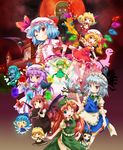 6+girls :d ;d =_= apron arm_up bad_id bad_pixiv_id bat_wings beret black_dress black_hair blonde_hair blue_eyes blue_hair book bow braid capelet chibi china_dress chinese_clothes cirno clock clock_tower closed_eyes crescent crystal cup daiyousei dinosaur dress dress_shirt everyone fairy fairy_wings fang fire flaming_sword flandre_scarlet floating frog full_moon glowing glowing_eyes glowing_wings green_dress green_hair hair_bow hairband hand_on_hip hat head_wings holding holding_book hong_meiling izayoi_sakuya knife koakuma laevatein large_bow long_hair long_sleeves looking_at_viewer luna_child maid michii_yuuki moon multiple_girls night one_eye_closed open_mouth outstretched_arm outstretched_arms panda patchouli_knowledge pointing pointy_ears purple_dress purple_eyes purple_hair red_eyes red_hair red_moon remilia_scarlet ribbon rumia scarlet_devil_mansion shirt short_hair short_sleeves side_ponytail side_slit silver_hair smile spread_arms star star_sapphire striped striped_dress sunny_milk sword teacup teapot the_embodiment_of_scarlet_devil touhou tower tray twin_braids v-shaped_eyebrows vertical_stripes waist_apron weapon white_shirt wings 