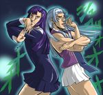  araki_hirohiko_(style) bangs blue_hair blunt_bangs hair_tubes jojo_no_kimyou_na_bouken jojo_pose kannagi long_hair maldives man_face multiple_girls nagi parody pleated_skirt pose purple_hair skirt style_parody white_skirt zange 