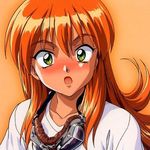  akai_homura blush goggles green_eyes long_hair lowres orange_(color) orange_background orange_hair surprised tokimeki_memorial tokimeki_memorial_2 