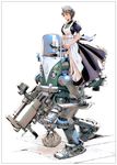  ahoge blue_eyes brown_hair gun highres maid mecha original volkswagen weapon yasuda_akira 