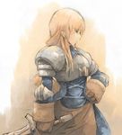  agrias_oaks arm_at_side armor armored_dress bangs blonde_hair blue_dress breastplate brown_background brown_gloves cowboy_shot dress final_fantasy final_fantasy_tactics gloves hand_on_hip holding holding_sword holding_weapon long_hair long_sleeves mita_soumu pauldrons profile reverse_grip sad solo sword weapon 