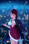  awakened_miki bell brown_hair cityscape earrings hoshii_miki idolmaster idolmaster_(classic) idolmaster_live_for_you! jewelry lunch_(lunch3) santa_costume short_hair snow solo 