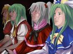  ascot cosplay crossdressing gaijin_4koma green_eyes green_hair grey_hair hair_bobbles hair_ornament hat kazami_yuuka male_focus mima multiple_boys ni_(ippozenshin) parody plaid plaid_vest realistic red_eyes shinki source_request touhou touhou_(pc-98) vest what wizard_hat yumeko 