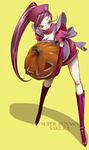  apron bad_id bad_pixiv_id elbow_gloves gloves halloween hat highres jack-o'-lantern nurse_cap original ponytail pumpkin purple_eyes purple_hair sakura_(superbunnys) solo yellow_background 