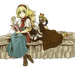  alice_margatroid bad_id bad_pixiv_id blonde_hair blue_eyes boots braid charin covering_with_blanket doll hairband holding_needle kirisame_marisa lowres multiple_girls needle sewing shanghai_doll sleeping touhou 