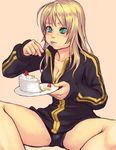  aqua_eyes bad_id bad_pixiv_id bike_shorts blonde_hair breasts cake cleavage eating food fork green_eyes holding holding_fork jacket long_hair medium_breasts mustard_seeds original pastry sepia_background simple_background solo thighs track_jacket yuuji_(and) 