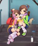  :p backpack bad_id bad_pixiv_id bag breath cat earmuffs futami_ami futami_mami idolmaster idolmaster_(classic) idolmaster_1 leg_warmers looking_at_viewer masaki_(celesta) multiple_girls nonowa randoseru scarf siblings sisters sitting sitting_on_stairs stairs tongue tongue_out twins 