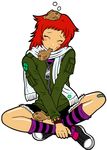  bandaid bandaid_on_knee closed_eyes copyright_request food full_body jacket kneehighs kzm mouth_hold object_on_head polka_dot polka_dot_scarf red_hair scarf shoes shorts sitting sneakers solo striped striped_legwear taiyaki wagashi zipper 