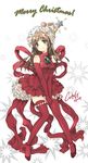  bad_id bad_pixiv_id blush brown_hair candy candy_cane christmas christmas_ornaments cuteg dress elbow_gloves food frills gingerbread_man gloves hat highres holding holding_candy_cane layered_dress legs long_hair original red_dress red_footwear red_gloves red_legwear santa_costume shoes sleeveless sleeveless_dress smile solo star thighhighs 