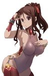  blush bracelet breasts brown_eyes brown_hair covered_navel garter_straps halter_top halterneck jewelry large_breasts leotard long_hair looking_at_viewer original ponytail red_legwear solo standing thighhighs uni_mate white_background 