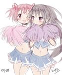  ;d akemi_homura black_hair blue_skirt blush cheerleader gleision_adain hairband kaname_madoka kneehighs long_hair looking_at_another looking_at_viewer looking_to_the_side mahou_shoujo_madoka_magica midriff multiple_girls navel one_eye_closed open_mouth pink_eyes pink_hair pleated_skirt pom_poms purple_eyes ribbon short_hair short_twintails simple_background skirt smile standing stomach twintails white_background 