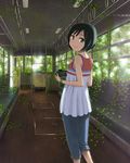  black_hair blue_eyes bracelet camera hashi jewelry leaf looking_back original overgrown pants plant short_hair smile solo train_interior vines 