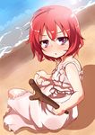  beach blush dress from_behind idolmaster idolmaster_cinderella_girls looking_back murakami_tomoe purple_eyes red_hair shi_ecchi short_hair sitting solo stick sundress 