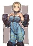  abs bare_shoulders blonde_hair blue_eyes blush boots breasts c.cu cleavage covered_navel covered_nipples final_fantasy final_fantasy_tactics gloves knee_boots large_breasts monk_(fft) short_hair solo unitard 