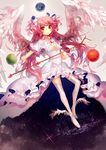  ankle_wings bow choker cleavage_cutout commentary dress earth english_commentary gloves hair_bow hair_ribbon kaname_madoka long_hair mahou_shoujo_madoka_magica namie-kun parted_lips pink_hair planet ribbon solo space spoilers stick thighhighs two_side_up ultimate_madoka wings yellow_eyes 