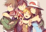  2girls ^_^ black_hair blonde_hair blue_(pokemon) blue_eyes brown_hair closed_eyes crossed_arms double_v fingerless_gloves gloves grin group_hug hat hug long_hair looking_at_viewer looking_away multiple_boys multiple_girls one_eye_closed ookido_green pokemon pokemon_special pose red_(pokemon) short_hair simple_background smile v yellow_(pokemon) yui_ko 