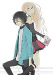  bad_id bad_pixiv_id bare_shoulders dual_persona gatchaman_crowds glasses green_eyes long_hair multiple_boys ninomiya_rui otoko_no_ko side_ponytail simple_background skirt tashite white_background 